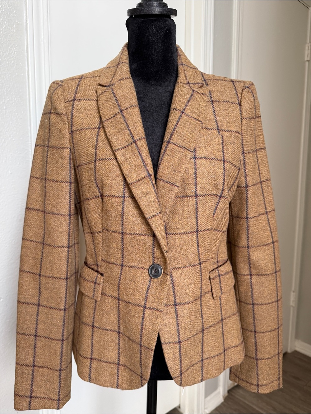 ZARA Basic Brown Windowpane Tweed Blazer Elbow Patches Size S- New, Never worn